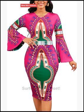 Sexy Bodycon Pencil Dress 3/4 Sleeve V-Neck African Print Midi Dress with Split